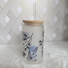 Load image into Gallery viewer, Leaf Blue Glass Coffee Cup, Leaf Glass Coffee Cup with Bamboo with Lid and Straw, Iced Coffee Glass, Gift for Friend, Aesthetic UVDTF 16oz