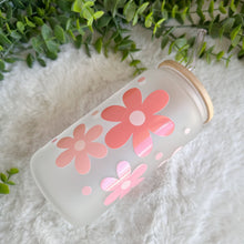 Load image into Gallery viewer, Daysi Retro Flower Glass Coffee Cup, Glass Iced Coffee Cup with Bamboo Lid and Straw, Iced Coffee Glass, Gift for Friend, Aesthetic UV DTF 16oz