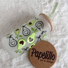 Load image into Gallery viewer, Avocado Glass Coffee Cup, Glass Iced Coffee Cup with Bamboo Lid and Straw, Iced Coffee Frosted Glass, Gift for Friend, Aesthetic UV DTF 16oz