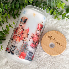 Load image into Gallery viewer, Christmas Nutcracker Glass Iced Coffee Cup with Bamboo Lid and Straw, Iced Coffee Glass, Gift for Friend, Coffee Aesthetic
