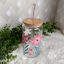Load image into Gallery viewer, Flower Glass Coffee Cup, Pink Flower Glass Iced Coffee Cup with Bamboo Lid and Straw, Iced Coffee Glass, Gift for Friend, Aesthetic UV DTF 16oz