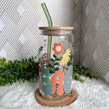 Load image into Gallery viewer, Teacher Glass Coffee Cup, Best Teacher Glass Iced Coffee Cup with Bamboo Lid and Straw, Iced Coffee Glass, Gift for Friend, Aesthetic UV DTF 16oz