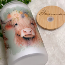Load image into Gallery viewer, Highland Cow Glass Coffee Cup, Highland Cow Cute Glass Iced Coffee Cup with Bamboo Lid and Straw, Iced Coffee Glass, Gift Friend, Aesthetic 16oz