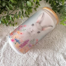 Load image into Gallery viewer, Easter Rabbit Glass Coffee Cup, Bunny Floral Iced Coffee Cup with Bamboo Lid and Straw, Easter Gift, Coffee Aesthetic 16oz