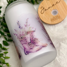 Load image into Gallery viewer, Lavender Glass Coffee Cup, Lavender Field Glass Iced Coffee Cup with Bamboo Lid and Straw, Iced Coffee, Gift for Friend, Coffee Aesthetic 16oz