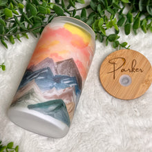 Load image into Gallery viewer, Sunset Coffee Cup, Sunset Mountain Glass Iced Coffee Cup with Bamboo Lid and Straw, Iced Coffee Glass, Gift for Friend, Aesthetic 16oz
