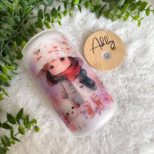 Load image into Gallery viewer, Spring Girl Glass Can, Glass Iced Coffee Cup with Bamboo Lid and Straw, Iced Coffee Glass Can, Gift for Friend, Coffee Aesthetic 16oz