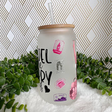 Load image into Gallery viewer, Girl Travel Glass Coffee Cup, Girl Glass Iced Coffee Cup with Bamboo Lid and Straw, Iced Coffee Glass, Gift Friend, Aesthetic UV DTF