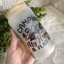 Load image into Gallery viewer, Camping Happy Place Coffee Cup, Pine Tree Glass Iced Coffee Cup with Bamboo Lid and Straw, Iced Coffee Glass, Gift for Friend, Aesthetic 16oz