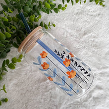 Load image into Gallery viewer, Flower Glass Coffee Cup, Yellow Flower Glass Iced Coffee Cup with Bamboo Lid and Straw, Iced Coffee Glass, Gift for Friend, Aesthetic UV DTF 16oz