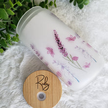 Load image into Gallery viewer, Lavender Glass Coffee Cup, Lavender Field Glass Iced Coffee Cup with Bamboo Lid and Straw, Iced Coffee, Gift for Friend, Coffee Aesthetic