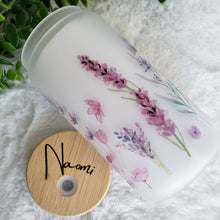 Load image into Gallery viewer, Lavender Glass Coffee Cup, Lavender Field Glass Iced Coffee Cup with Bamboo Lid and Straw, Iced Coffee, Gift for Friend, Coffee Aesthetic