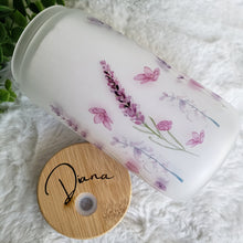 Load image into Gallery viewer, Lavender Glass Coffee Cup, Lavender Field Glass Iced Coffee Cup with Bamboo Lid and Straw, Iced Coffee, Gift for Friend, Coffee Aesthetic