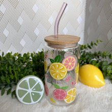 Load image into Gallery viewer, Lemon Glass Coffee Cup, Lemon Pink Glass Iced Coffee Cup with Bamboo Lid and Straw, Iced Coffee Glass, Gift for Friend, Aesthetic UV DTF 16oz