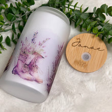 Load image into Gallery viewer, Lavender Glass Coffee Cup, Lavender Field Glass Iced Coffee Cup with Bamboo Lid and Straw, Iced Coffee, Gift for Friend, Coffee Aesthetic 16oz