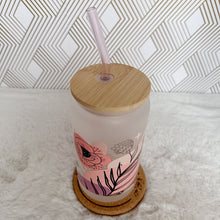Load image into Gallery viewer, Boho Glass Coffee Cup, Pink Flower Glass Coffee Cup with Bamboo Lid and Straw, Iced Coffee Frosted Glass, Gift for Friend, Aesthetic UV DTF 16oz