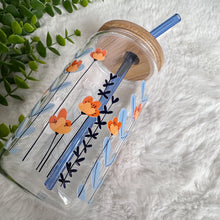 Load image into Gallery viewer, Flower Glass Coffee Cup, Yellow Flower Glass Iced Coffee Cup with Bamboo Lid and Straw, Iced Coffee Glass, Gift for Friend, Aesthetic UV DTF 16oz