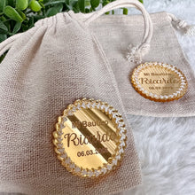 Load image into Gallery viewer, Personalized Tag Gold Acrylic cotton muslin bags / For dragees / Guest gift Wedding, Baptism, Communion, Birthday, Babyshower