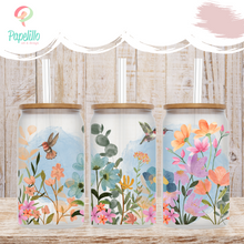 Load image into Gallery viewer, Hummingbird Coffee Cup, Hummingbird Floral Glass Iced Coffee Cup with Bamboo Lid and Straw, Iced Coffee Glass, Gift for Friend, Aesthetic 16oz