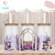 Load image into Gallery viewer, Lavender Glass Coffee Cup, Lavender Field Glass Iced Coffee Cup with Bamboo Lid and Straw, Iced Coffee, Gift for Friend, Coffee Aesthetic 16oz