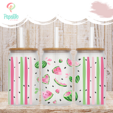 Load image into Gallery viewer, Watermelon Pink Glass Coffee Cup, Glass Iced Coffee Cup with Bamboo Lid and Straw, Iced Coffee Glass, Gift Friend, Aesthetic UV DTF 16oz