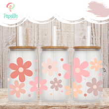 Load image into Gallery viewer, Daysi Retro Flower Glass Coffee Cup, Glass Iced Coffee Cup with Bamboo Lid and Straw, Iced Coffee Glass, Gift for Friend, Aesthetic UV DTF 16oz
