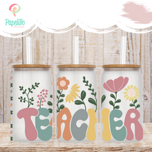 Load image into Gallery viewer, Teacher Glass Coffee Cup, Best Teacher Glass Iced Coffee Cup with Bamboo Lid and Straw, Iced Coffee Glass, Gift for Friend, Aesthetic UV DTF 16oz