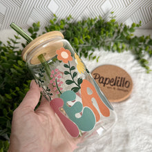 Load image into Gallery viewer, Teacher Glass Coffee Cup, Best Teacher Glass Iced Coffee Cup with Bamboo Lid and Straw, Iced Coffee Glass, Gift for Friend, Aesthetic UV DTF 16oz