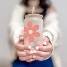 Load image into Gallery viewer, Daysi Retro Flower Glass Coffee Cup, Glass Iced Coffee Cup with Bamboo Lid and Straw, Iced Coffee Glass, Gift for Friend, Aesthetic UV DTF 16oz