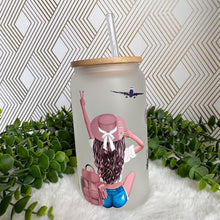 Load image into Gallery viewer, Girl Travel Glass Coffee Cup, Girl Glass Iced Coffee Cup with Bamboo Lid and Straw, Iced Coffee Glass, Gift Friend, Aesthetic UV DTF