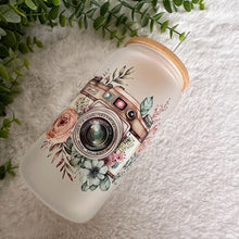 Load image into Gallery viewer, Don't lose focus Glass Coffee Cup, Camera Glass Iced Coffee Cup with Bamboo Lid and Straw, Iced Coffee Glass, Gift Friend, Aesthetic UV DTF 16oz