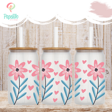 Load image into Gallery viewer, Flower Glass Coffee Cup, Pink Flower Glass Iced Coffee Cup with Bamboo Lid and Straw, Iced Coffee Glass, Gift for Friend, Aesthetic UV DTF 16oz