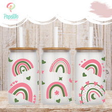 Load image into Gallery viewer, Rainbow Glass Coffee Cup, Pink Rainbow Glass Iced Coffee Cup with Bamboo Lid and Straw, Iced Coffee Glass, Gift for Friend, Aesthetic UV DTF 16oz