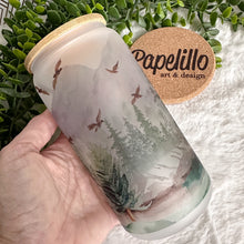 Load image into Gallery viewer, Mountain Trees Coffee Cup, Woodland Pine Tree Glass Iced Coffee Cup with Bamboo Lid and Straw, Iced Coffee Glass, Gift for Friend, Aesthetic
