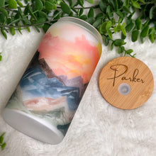 Load image into Gallery viewer, Sunset Coffee Cup, Sunset Mountain Glass Iced Coffee Cup with Bamboo Lid and Straw, Iced Coffee Glass, Gift for Friend, Aesthetic 16oz
