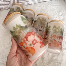 Load image into Gallery viewer, Cute Safari Woodland Glass Can, Glass Iced Coffee Cup with Bamboo Lid and Straw, Iced Coffee Glass Can, Gift for Friend, Coffee Aesthetic 16oz