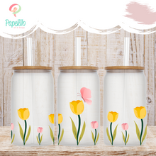Load image into Gallery viewer, Flower Glass Coffee Cup, Tulip Flower Glass Iced Coffee Cup with Bamboo Lid and Straw, Iced Coffee Glass, Gift for Friend, Aesthetic UV DTF 16oz