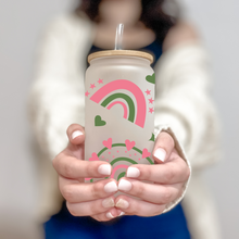 Load image into Gallery viewer, Rainbow Glass Coffee Cup, Pink Rainbow Glass Iced Coffee Cup with Bamboo Lid and Straw, Iced Coffee Glass, Gift for Friend, Aesthetic UV DTF 16oz