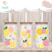 Load image into Gallery viewer, Lemon Glass Coffee Cup, Lemon Pink Glass Iced Coffee Cup with Bamboo Lid and Straw, Iced Coffee Glass, Gift for Friend, Aesthetic UV DTF 16oz