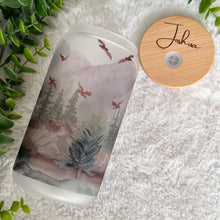 Load image into Gallery viewer, Mountain Trees Coffee Cup, Woodland Pine Tree Glass Iced Coffee Cup with Bamboo Lid and Straw, Iced Coffee Glass, Gift for Friend, Aesthetic