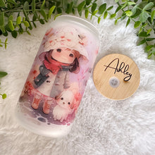 Load image into Gallery viewer, Spring Girl Glass Can, Glass Iced Coffee Cup with Bamboo Lid and Straw, Iced Coffee Glass Can, Gift for Friend, Coffee Aesthetic 16oz