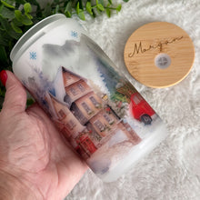 Load image into Gallery viewer, Christmas Village Glass Coffee Cup, Christmas Glass Iced Coffee Cup with Bamboo Lid and Straw, Iced Coffee, Gift for Friend, Coffee Aesthetic