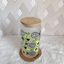 Load image into Gallery viewer, Avocado Glass Coffee Cup, Glass Iced Coffee Cup with Bamboo Lid and Straw, Iced Coffee Frosted Glass, Gift for Friend, Aesthetic UV DTF 16oz