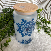 Load image into Gallery viewer, Mandala Glass Coffee Cup, Mandala Boho Glass Iced Coffee Cup with Bamboo Lid and Straw, Iced Coffee Glass, Gift for Friend, Coffee Aesthetic