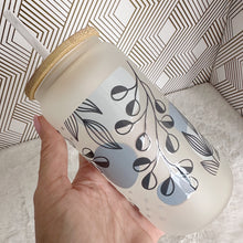 Load image into Gallery viewer, Leaf Blue Glass Coffee Cup, Leaf Glass Coffee Cup with Bamboo with Lid and Straw, Iced Coffee Glass, Gift for Friend, Aesthetic UVDTF 16oz