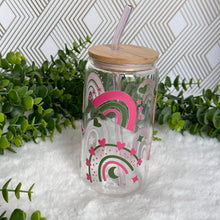Load image into Gallery viewer, Rainbow Glass Coffee Cup, Pink Rainbow Glass Iced Coffee Cup with Bamboo Lid and Straw, Iced Coffee Glass, Gift for Friend, Aesthetic UV DTF 16oz