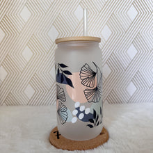 Load image into Gallery viewer, Abstract Leaf Glass Coffee Cup, Glass Coffee Cup with Bamboo Lid and Straw, Iced Coffee Frosted Glass, Gift for Friend, Aesthetic UV DTF 16oz