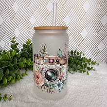 Load image into Gallery viewer, Don't lose focus Glass Coffee Cup, Camera Glass Iced Coffee Cup with Bamboo Lid and Straw, Iced Coffee Glass, Gift Friend, Aesthetic UV DTF 16oz