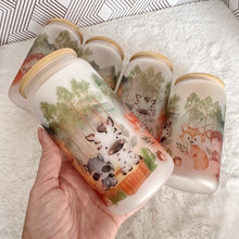 Load image into Gallery viewer, Cute Safari Woodland Glass Can, Glass Iced Coffee Cup with Bamboo Lid and Straw, Iced Coffee Glass Can, Gift for Friend, Coffee Aesthetic 16oz