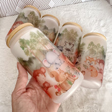 Load image into Gallery viewer, Cute Safari Woodland Glass Can, Glass Iced Coffee Cup with Bamboo Lid and Straw, Iced Coffee Glass Can, Gift for Friend, Coffee Aesthetic 16oz